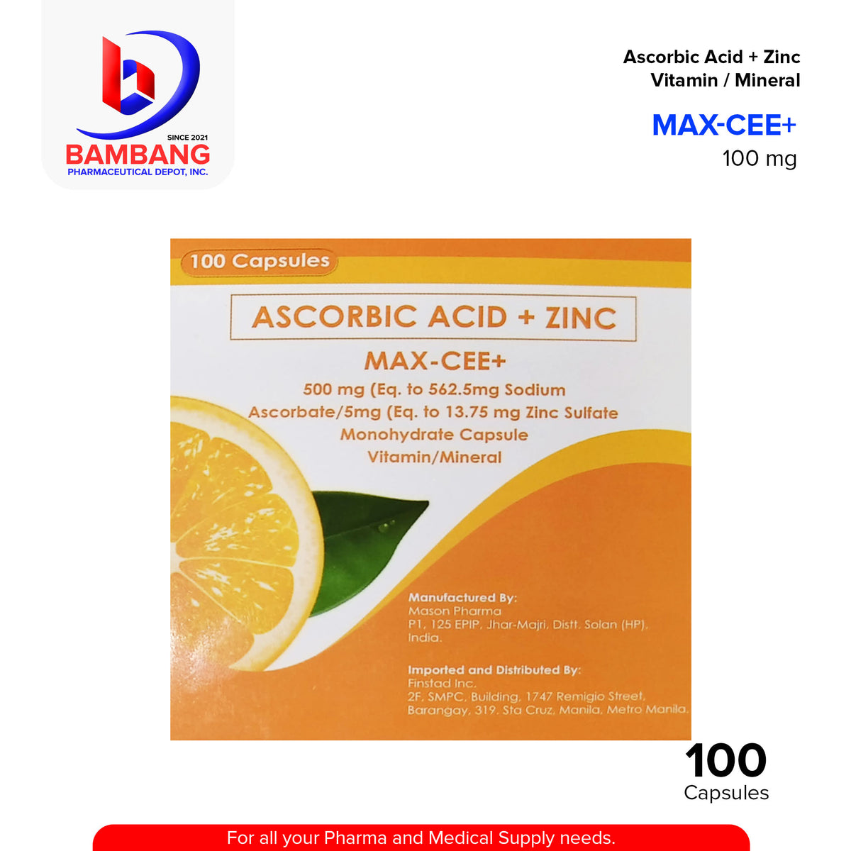 MAX-CEE+ Ascorbic Acid + Zinc 500mg Capsule 100's