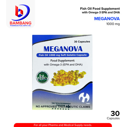 MEGANOVA Fish Oil 1000 mg Soft Gelatin Capsule Food Supplement with Omega 3 (EPA and DHA) 30PCS