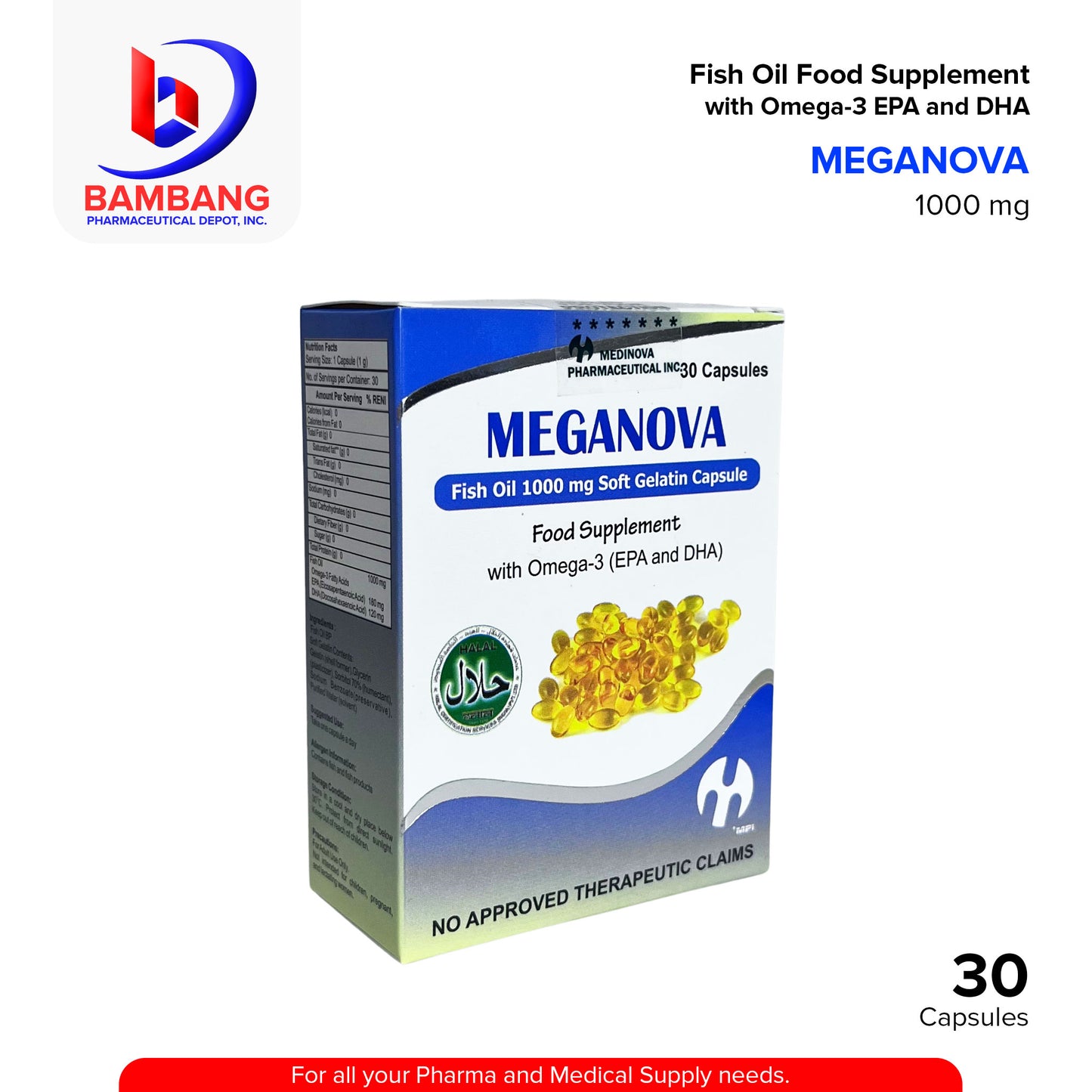 MEGANOVA Fish Oil 1000 mg Soft Gelatin Capsule Food Supplement with Omega 3 (EPA and DHA) 30PCS