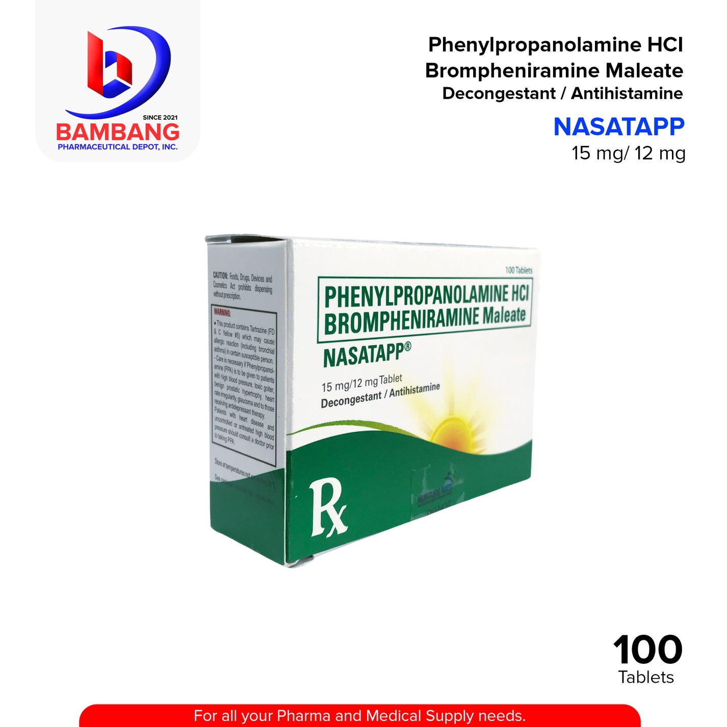 NASATAPP Phenylpropanolamine HCI Bromphenamine Maleate 15mg/12mg Table ...