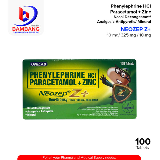 NEOZEP Z+ Non-Drowsy Phenylephrine HCI Paracetamol + Zinc 10mg / 325mg / 10mg Tablet 100's