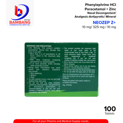 NEOZEP Z+ Non-Drowsy Phenylephrine HCI Paracetamol + Zinc 10mg / 325mg / 10mg Tablet 100's
