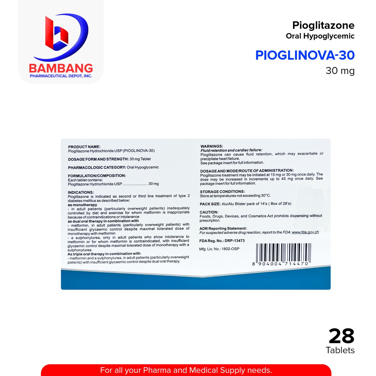 PIOGLINOVA-30 Pioglitazone Oral Hypoglycemic 30 mg Tablet 28's