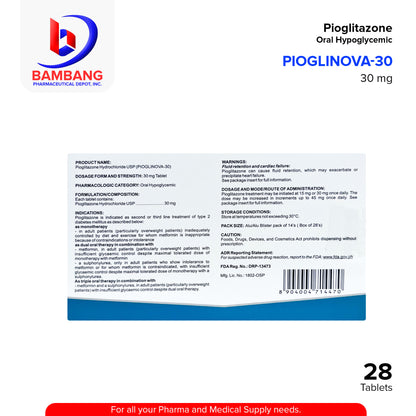 PIOGLINOVA-30 Pioglitazone Oral Hypoglycemic 30 mg Tablet 28's