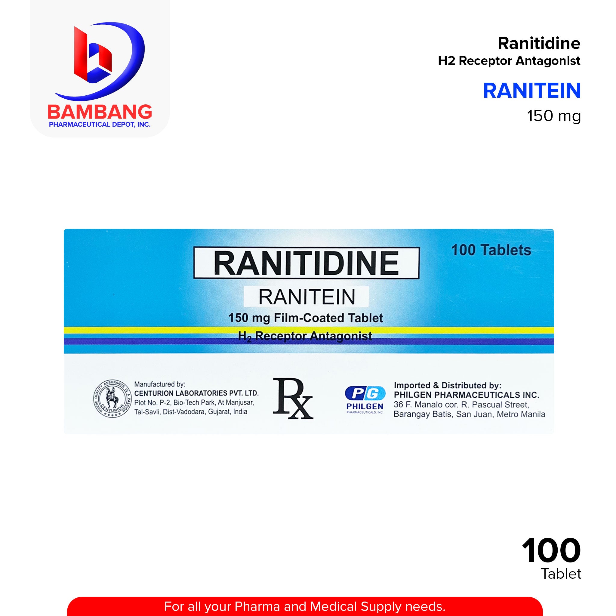 RANITEIN Ranitidine Receptor Antagonist 150 mg Film Coated Tablet 100 ...