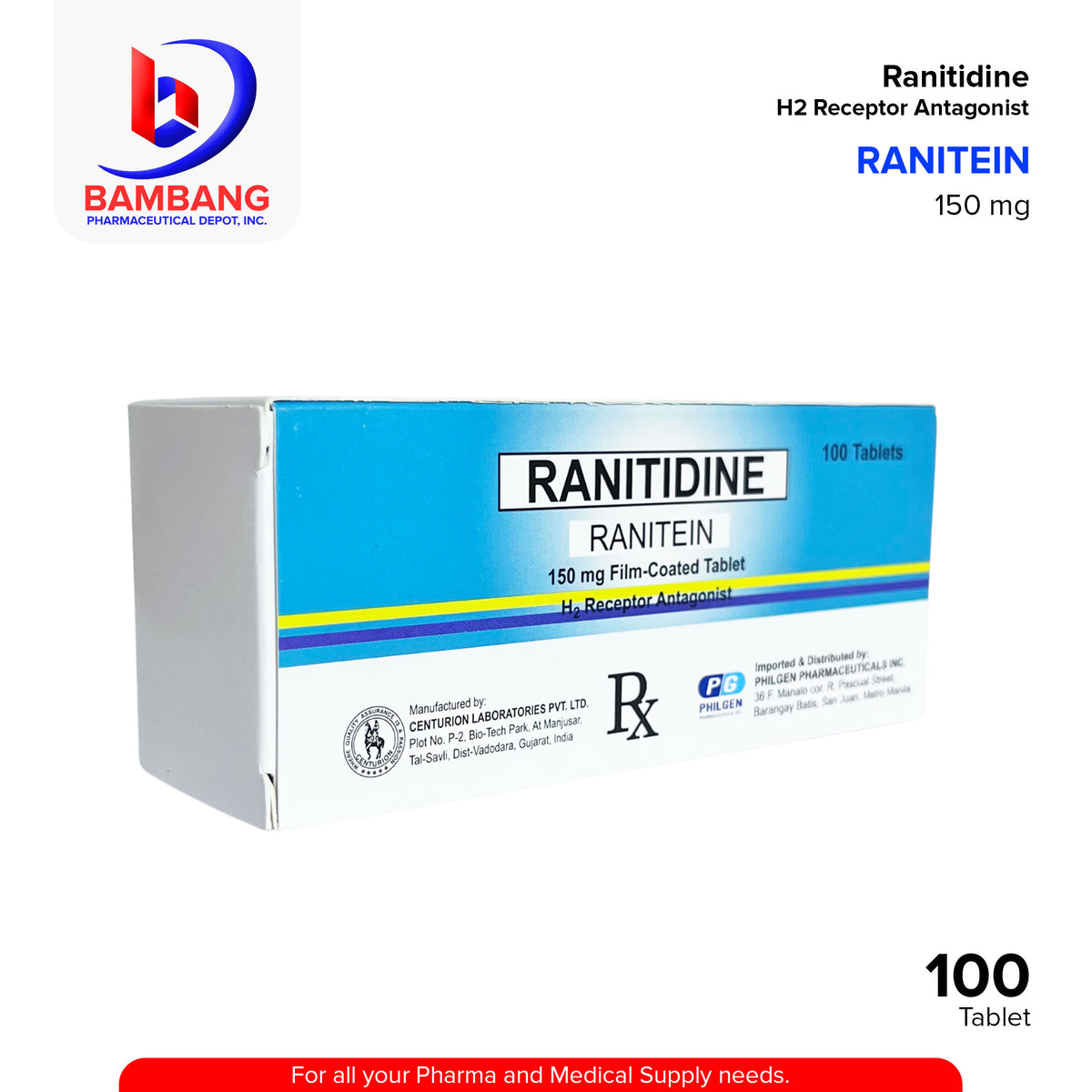 RANITEIN Ranitidine Receptor Antagonist 150 mg Film Coated Tablet 100 ...