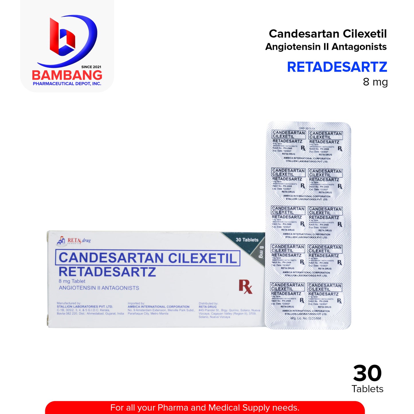 RETADESARTZ Candesartan Cilexetil Angiotensin II Antagonist 8mg Tablet 30's