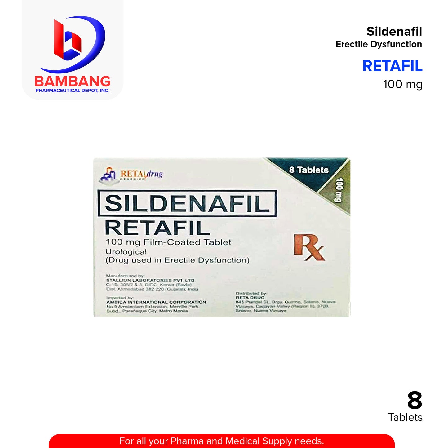 RETAFIL Sildenafil 100mg Film Coated Tablet 8's