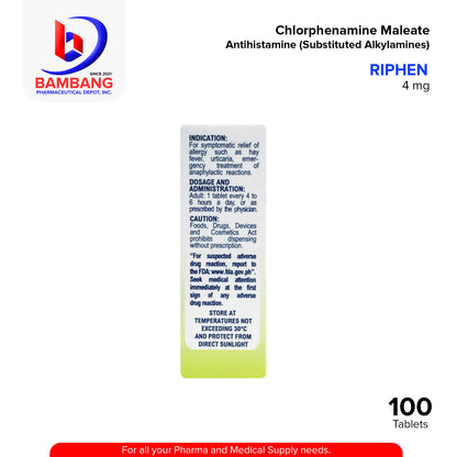 RIPHEN Chlorphenamine Maleate 4 mg Antihistamine Substituted Alkylamines 100's