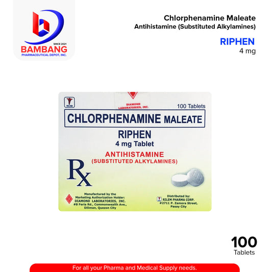RIPHEN Chlorphenamine Maleate 4 mg Antihistamine Substituted Alkylamines 100's