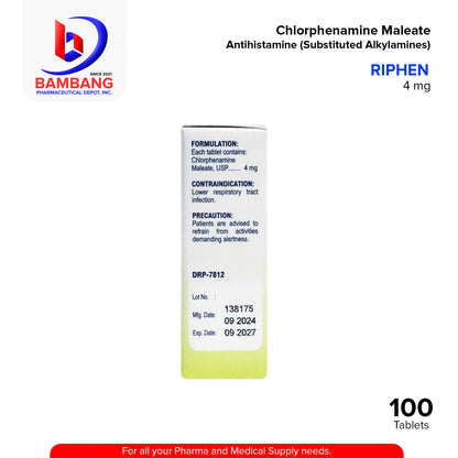 RIPHEN Chlorphenamine Maleate 4 mg Antihistamine Substituted Alkylamines 100's