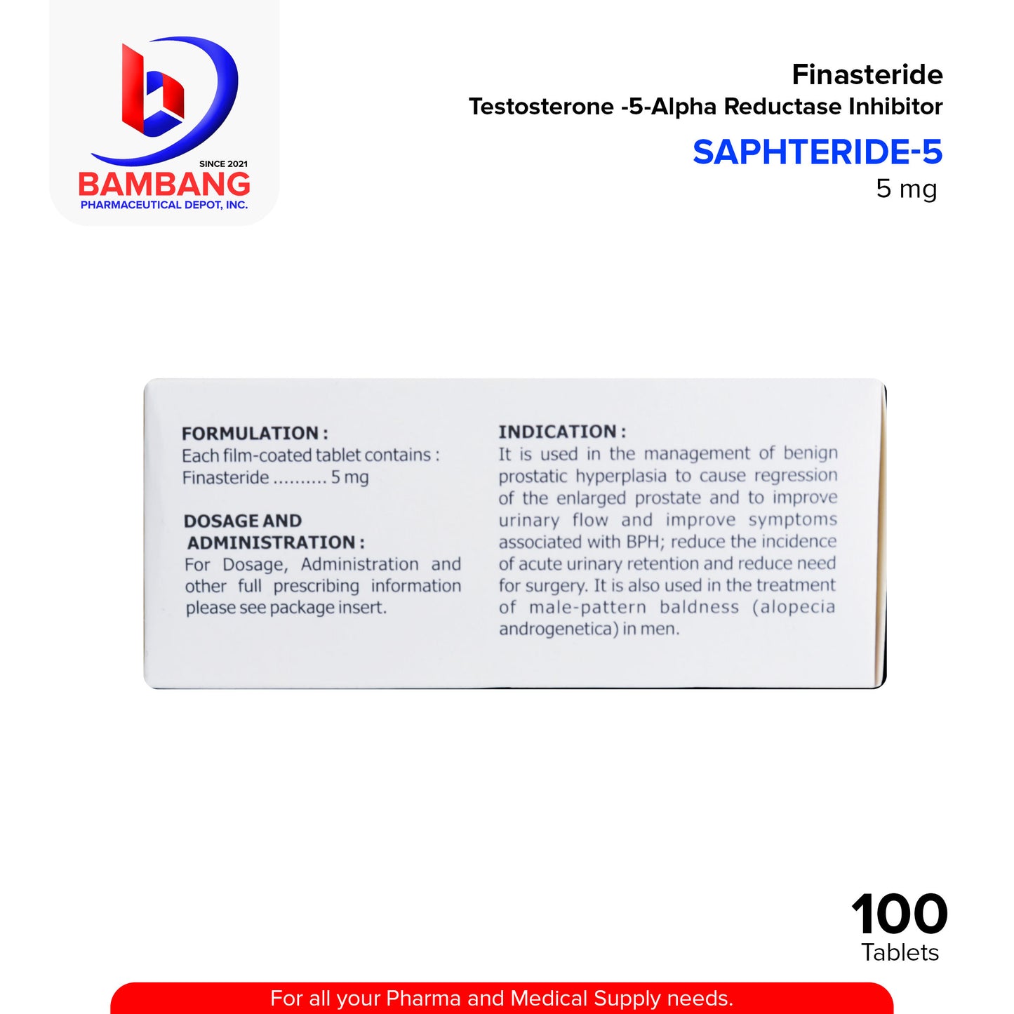 SAPHTERIDE 5 Finasteride 5mg Testosterone 5 Alpha Reductase Inhibitor 5mg Film Coated Tablets 100's