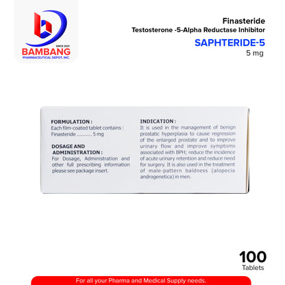 SAPHTERIDE 5 Finasteride 5mg Testosterone 5 Alpha Reductase Inhibitor 5mg Film Coated Tablets 100's