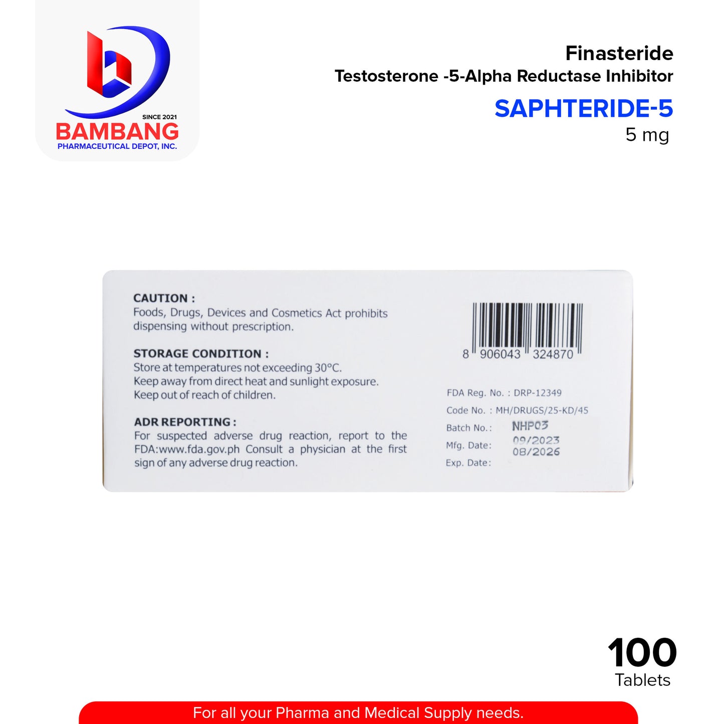 SAPHTERIDE 5 Finasteride 5mg Testosterone 5 Alpha Reductase Inhibitor 5mg Film Coated Tablets 100's