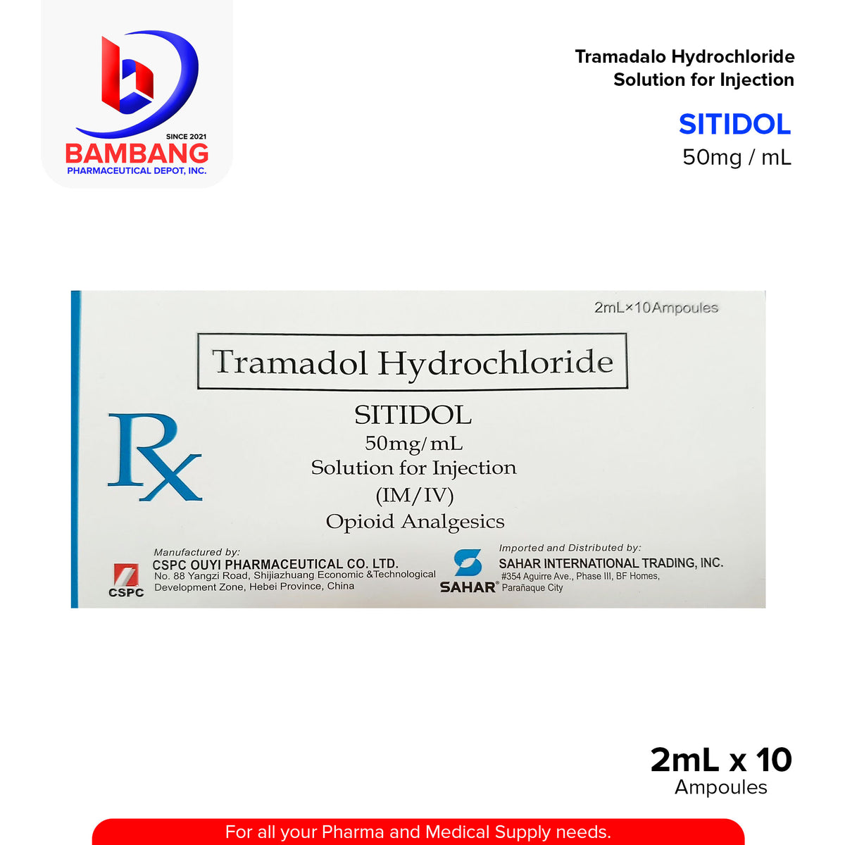 SITIDOL Tramadol Hydrochloride 50mg/ml Solution for Injection Ampoules 2ml 10's