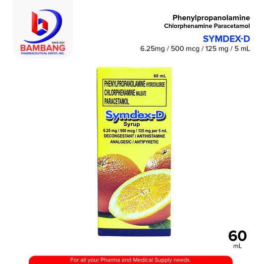 SYMDEX-D FORTE Phenylpropanolamine Hydrochloride Chlorphenamine Maleate Paracetamol 6.25mg / 500 mcg / 125 mg / 5 mL Decongestant Antihistamine Analgesic Antipyretic Syrup 60mL