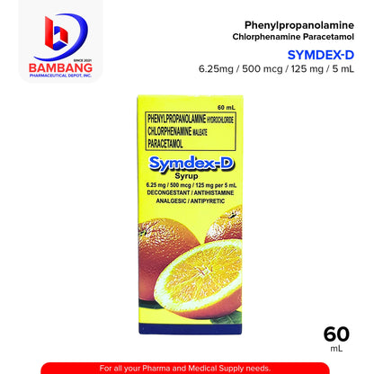 SYMDEX-D FORTE Phenylpropanolamine Hydrochloride Chlorphenamine Maleate Paracetamol 6.25mg / 500 mcg / 125 mg / 5 mL Decongestant Antihistamine Analgesic Antipyretic Syrup 60mL