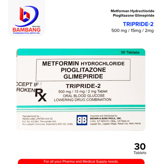 TRIPRIDE-2 Metformin Hydrochloride Pioglitazone Glimepiride 500mg/15mg/2mg Tablet 30's