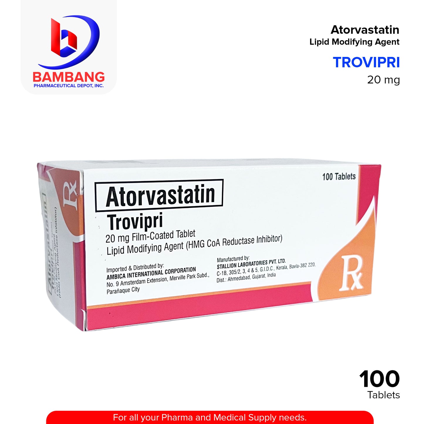 TROVIPRI Atorvastatin 20mg Lipid Modifying Agent Tablet 100's