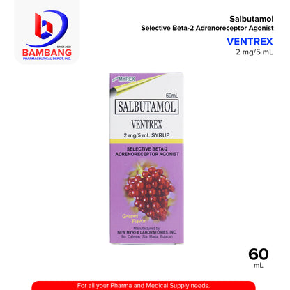 VENTREX Salbutamol Selective Beta 2 Adrenoreceptor Agonist 2 mg / 5 mL Syrup Grapes Flavor 60mL