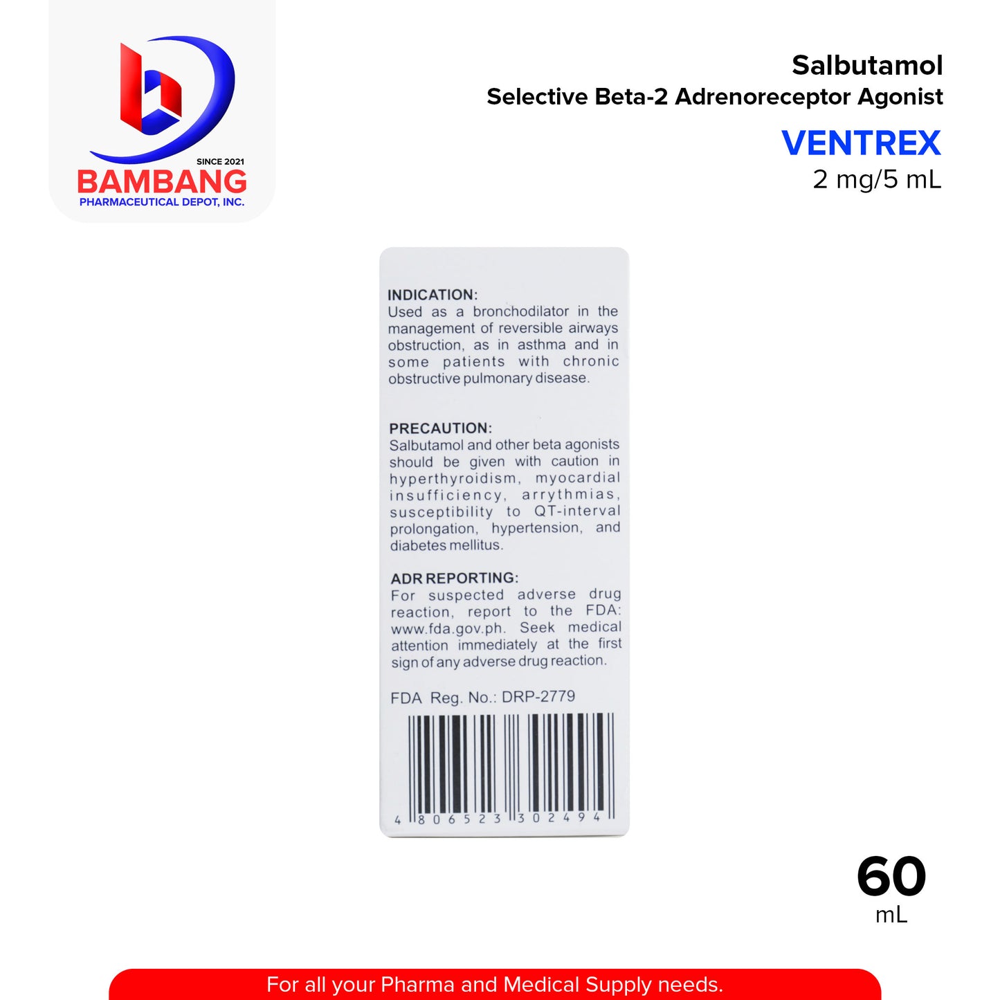 VENTREX Salbutamol Selective Beta 2 Adrenoreceptor Agonist 2 mg / 5 mL Syrup Grapes Flavor 60mL