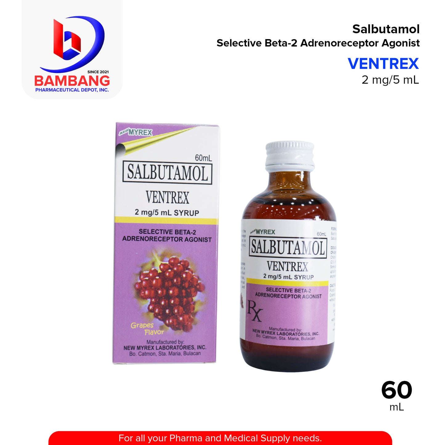 VENTREX Salbutamol Selective Beta 2 Adrenoreceptor Agonist 2 mg / 5 mL Syrup Grapes Flavor 60mL