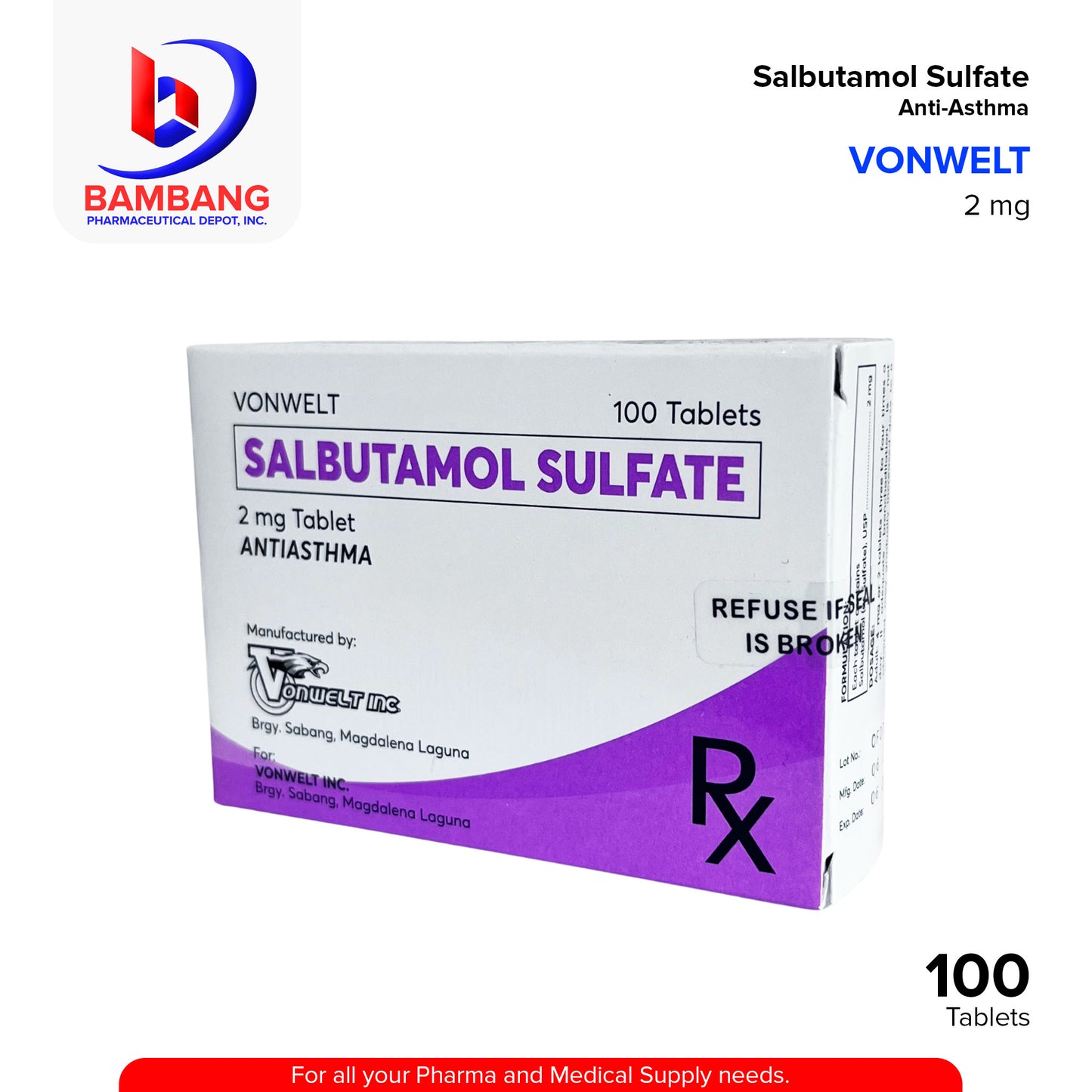 VONWELT Salbutamol Sulfate Anti Asthma 2mg Tablet 100's