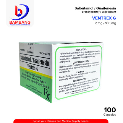 VENTREX-G Salbutamol Guaifenesin Bronchodilator / Expectorant 2 mg / 100 mg Capsule 100's