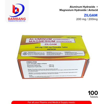 ZILGAM Aluminum Hydroxide + Magnesium Hydroxide Antacid 200 mg / 200 mg Chewable Tablet 100's