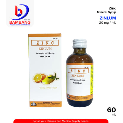 ZINLUM Zinc Mineral Syrup Orange Mango Flavor 20mg/mL 60mL