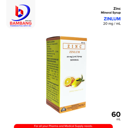 ZINLUM Zinc Mineral Syrup Orange Mango Flavor 20mg/mL 60mL