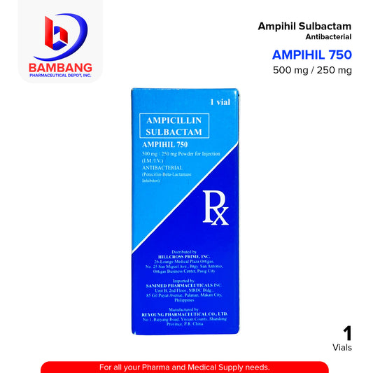AMPIHIL 750 Ampihil Sulbactam Antibacterial 500 mg / 250 mg Powder for Injection Vial 1's