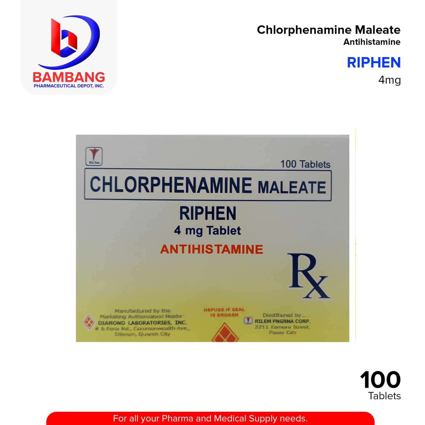 RIPHEN Chlorphenamine Maleate 4 mg Antihistamine Substituted Alkylamines 100's