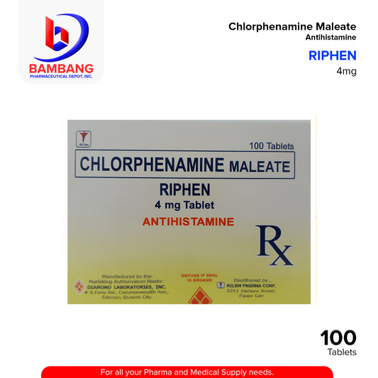 RIPHEN Chlorphenamine Maleate 4 mg Antihistamine Substituted Alkylamines 100's