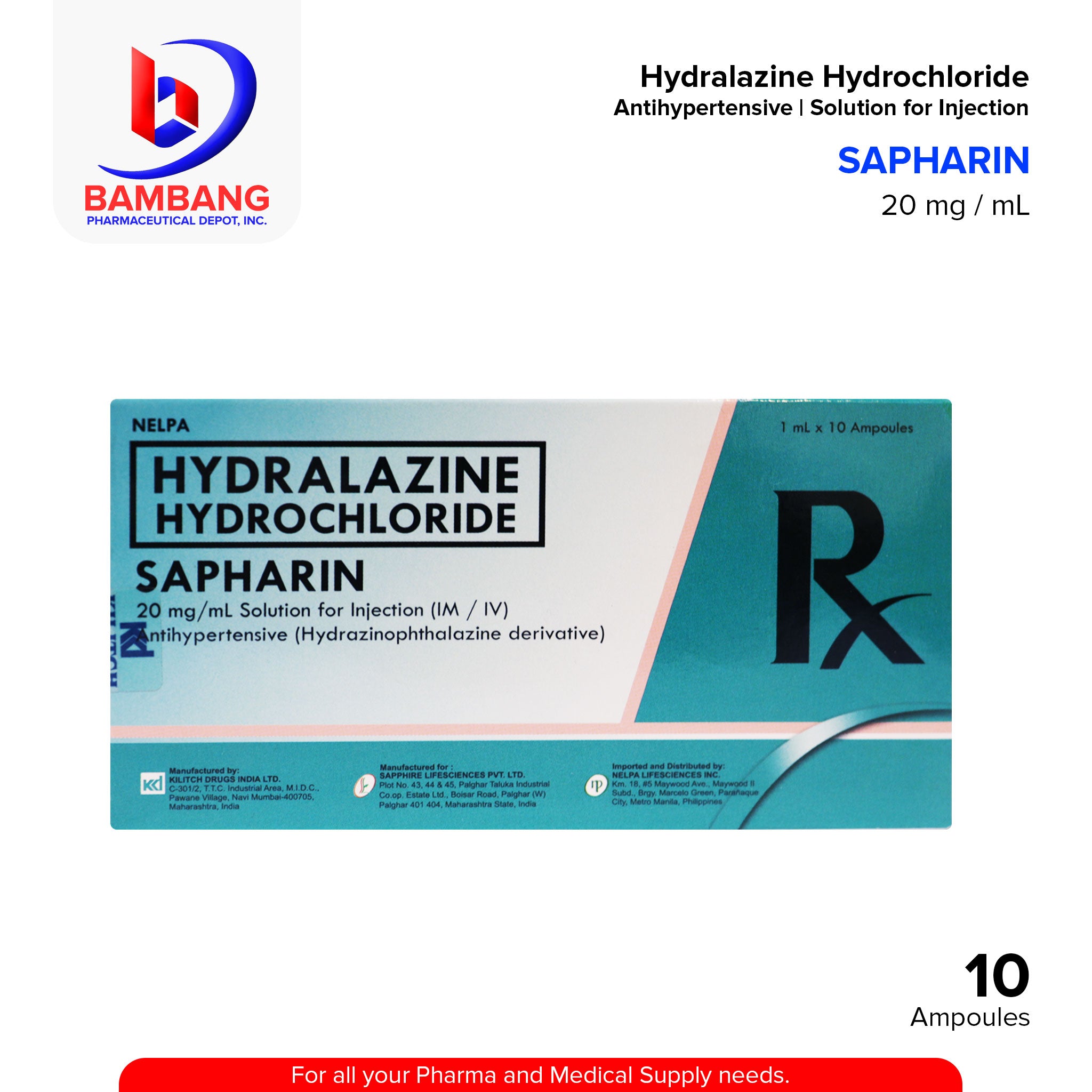 SAPHARIN Hydralazine Hydrochloride 20 mg / mL Solution for Injection ...