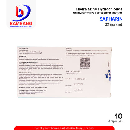 SAPHARIN Hydralazine Hydrochloride 20 mg / mL Solution for Injection (IM / IV) Antihypertensive Ampoules 1 ml x 10's