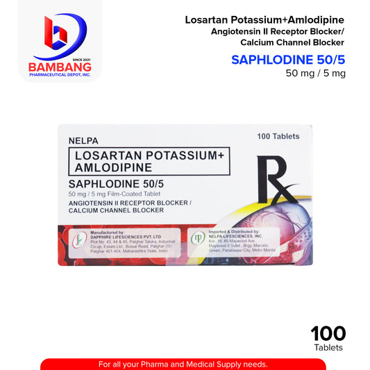 SAPHLODINE 50/5 Losartan Potassium + Amlodipine  50mg/5mg Angiotensin II Receptor Blocker / Calcium Channel Blocker Film Coated Tablet 100's