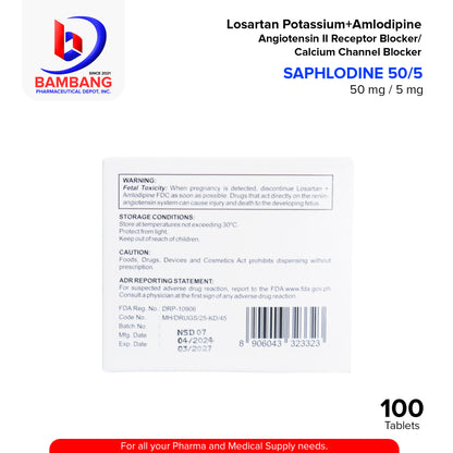 SAPHLODINE 50/5 Losartan Potassium + Amlodipine  50mg/5mg Angiotensin II Receptor Blocker / Calcium Channel Blocker Film Coated Tablet 100's
