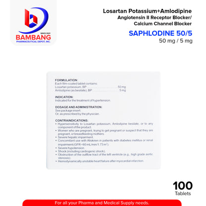 SAPHLODINE 50/5 Losartan Potassium + Amlodipine  50mg/5mg Angiotensin II Receptor Blocker / Calcium Channel Blocker Film Coated Tablet 100's