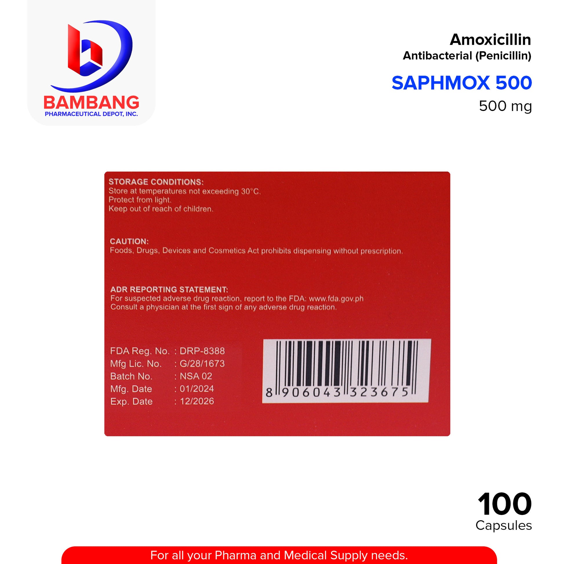 SAPHMOX 500 Amoxicillin 500mg Antibacterial Capsule 100's