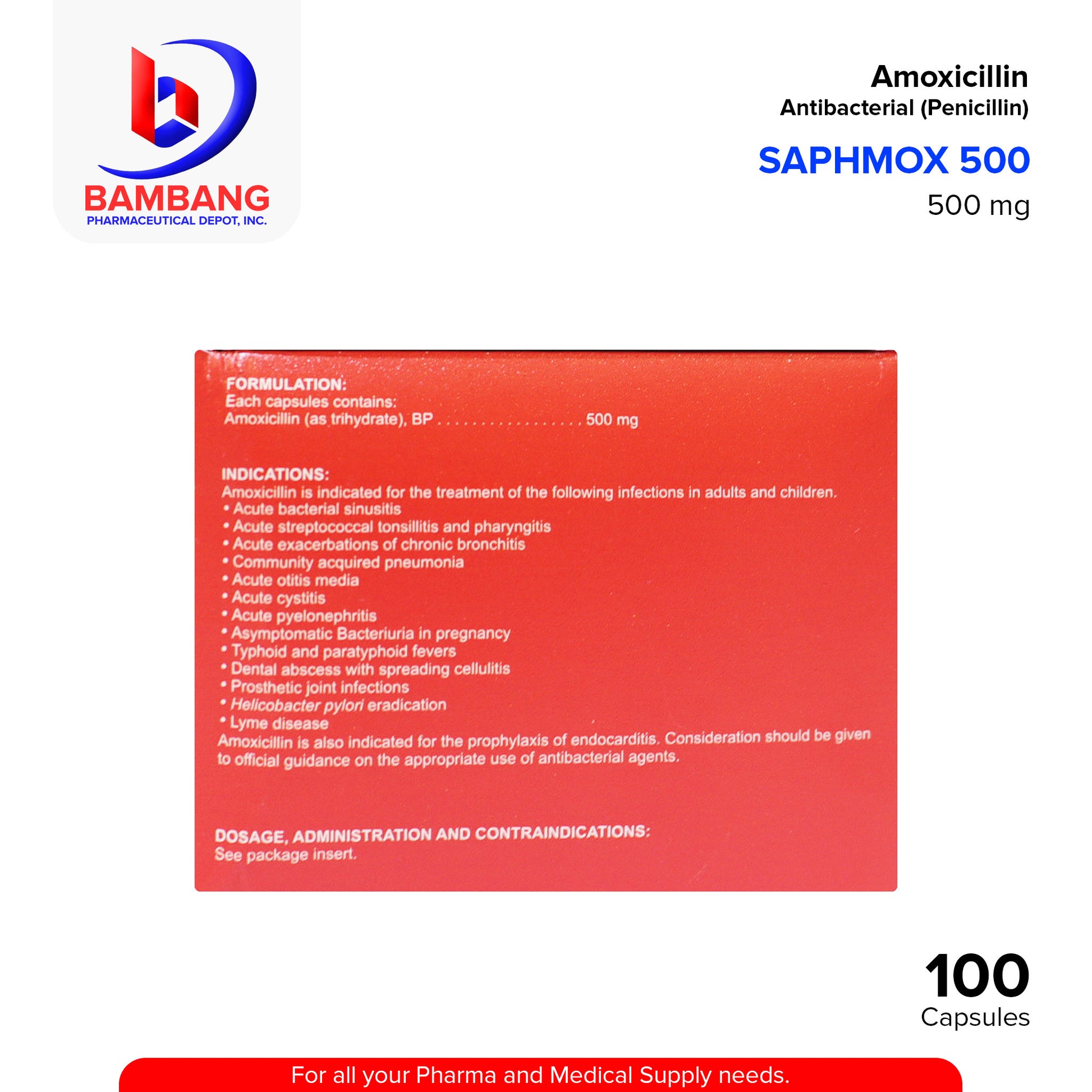 SAPHMOX 500 Amoxicillin 500mg Antibacterial Capsule 100's