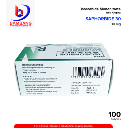 SAPHORBIDE 30 Isosorbide Mononitrate 30mg Prolonged Release Tablet 100's