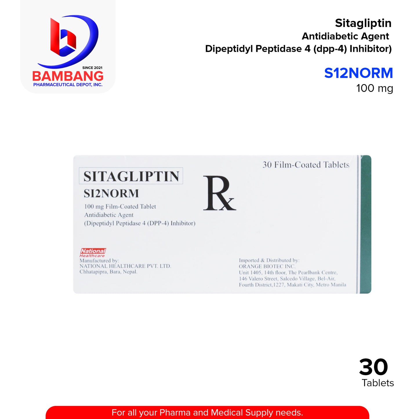 SI2NORM Sitagliptin Anti Diabetic Agent Dipeptidyl Peptidase 4 DPP-4  Inhibitor 100 mg Tablet 30's