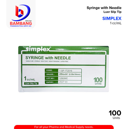 SIMPLEX Syringe with Needle Single Use Sterile Non Toxic Non Pyrogenic Latex Free 1 cc/mL Luer Slip Tip unit 100's