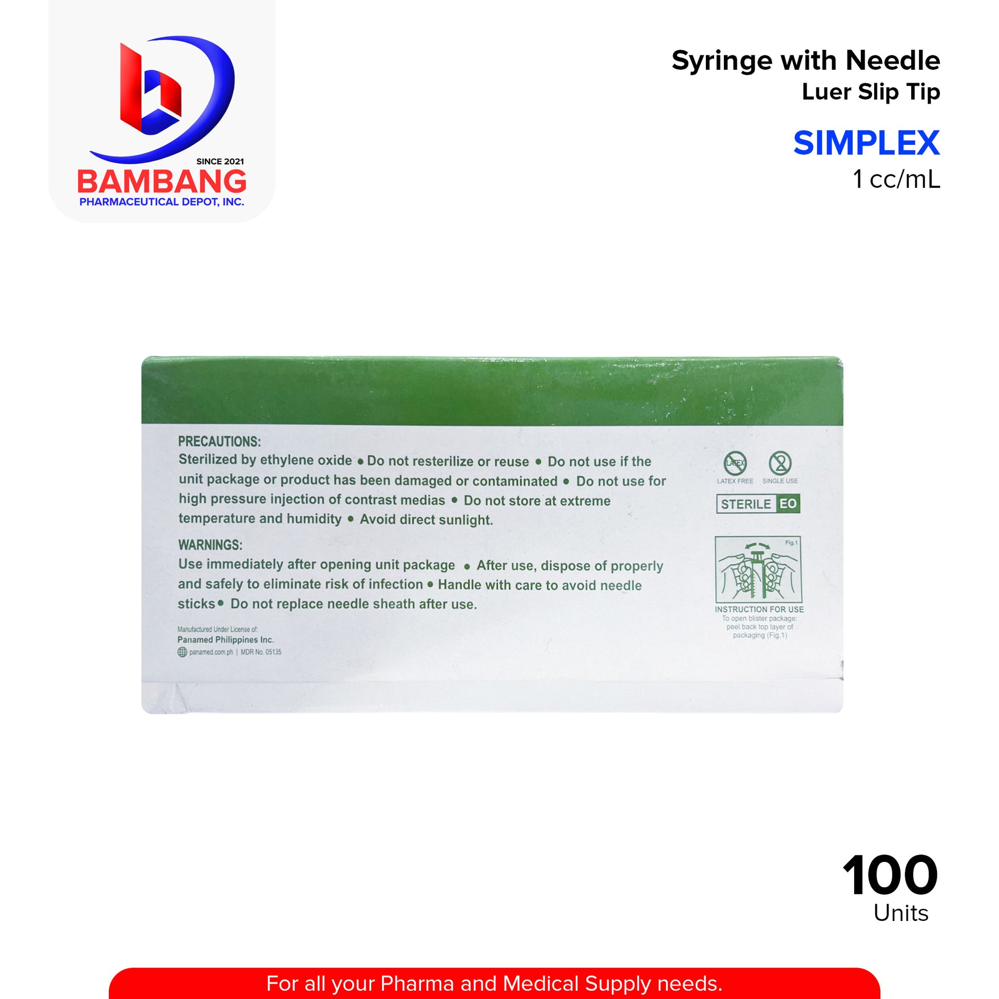 SIMPLEX Syringe with Needle Single Use Sterile Non Toxic Non Pyrogenic Latex Free 1 cc/mL Luer Slip Tip unit 100's