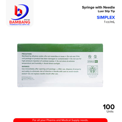 SIMPLEX Syringe with Needle Single Use Sterile Non Toxic Non Pyrogenic Latex Free 1 cc/mL Luer Slip Tip unit 100's