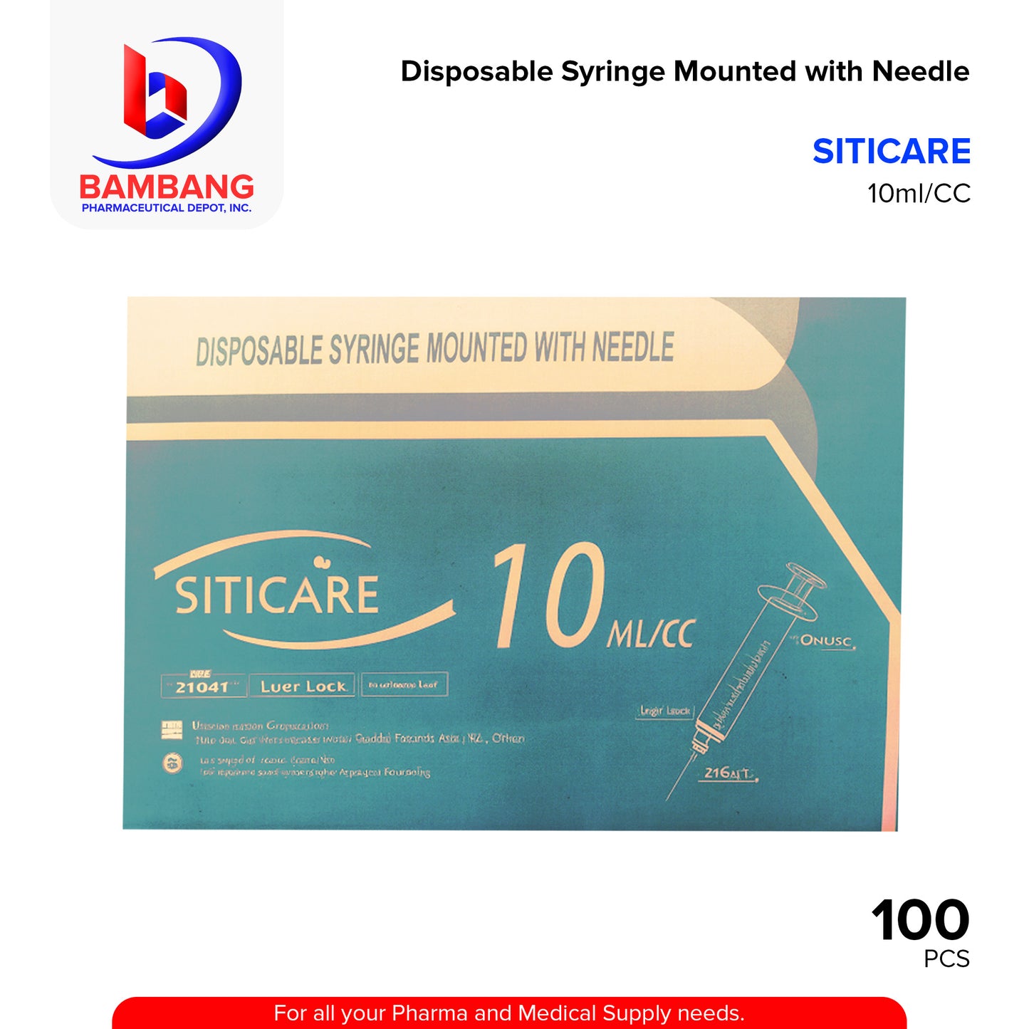 SITICARE Disposable Syringe Mounted with Needle 10ml/CC (21Gx1") Pieces 100's