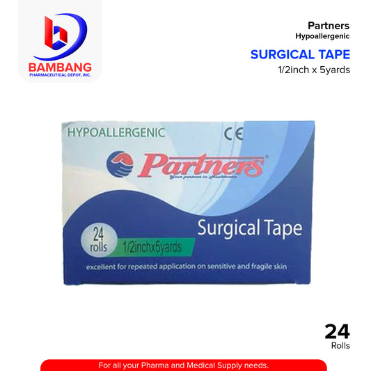 PARTNERS Surgical Tape Hypoallergenic 1/2 inch x 10 Yrads Rolls 24's