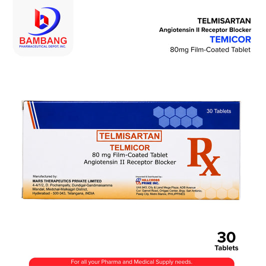 Box of Telmisartan Temicor 80mg Film-Coated Tablets with Bambang Pharmaceutical Depot, Inc. logo.