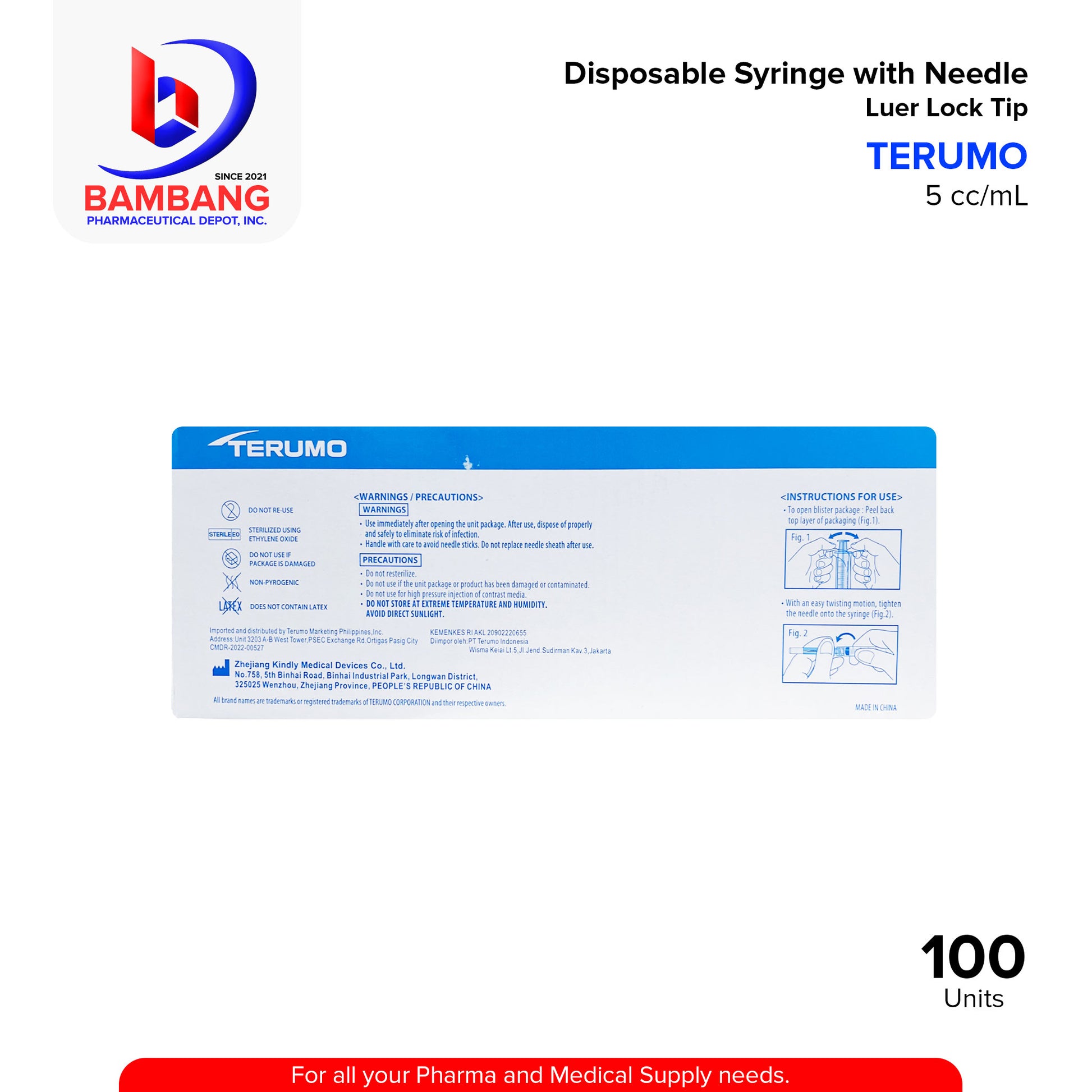 TERUMO Disposable Syringe with Needle Sterile EO Luer Lock Tip  5cc/mL Unit 100's